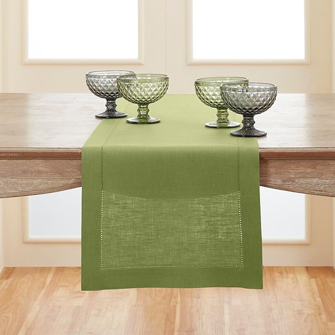 Solino Home Linen Table Runner 108 Inches Long - 100% Pure Linen Moss Green Table Runner 14 x 108 Inch for Fall, Autumn, Winter - Classic Hemstitch