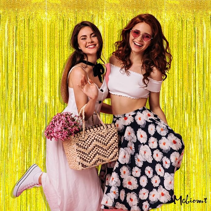 4 Pack Gold Fringe Curtain Backdrop, 3.2Ft x 8.2Ft Sparkle Metallic Tinsel Foil Fringe Streamers Background for Photo Booth Birthday Wedding Baby Shower Party Thanksgiving Christmas Decorations