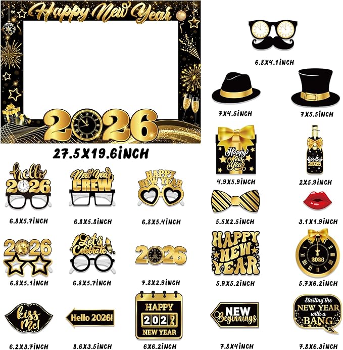 New Years Photo Booth Props 2026, Black Gold New Years Eve Photo Booth Props,Happy New Year Photo Frame, New Years Eve Party Supplies 2026 for New Year Eve Celebratory Party Favor