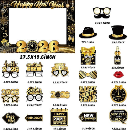 New Years Photo Booth Props 2026, Black Gold New Years Eve Photo Booth Props,Happy New Year Photo Frame, New Years Eve Party Supplies 2026 for New Year Eve Celebratory Party Favor