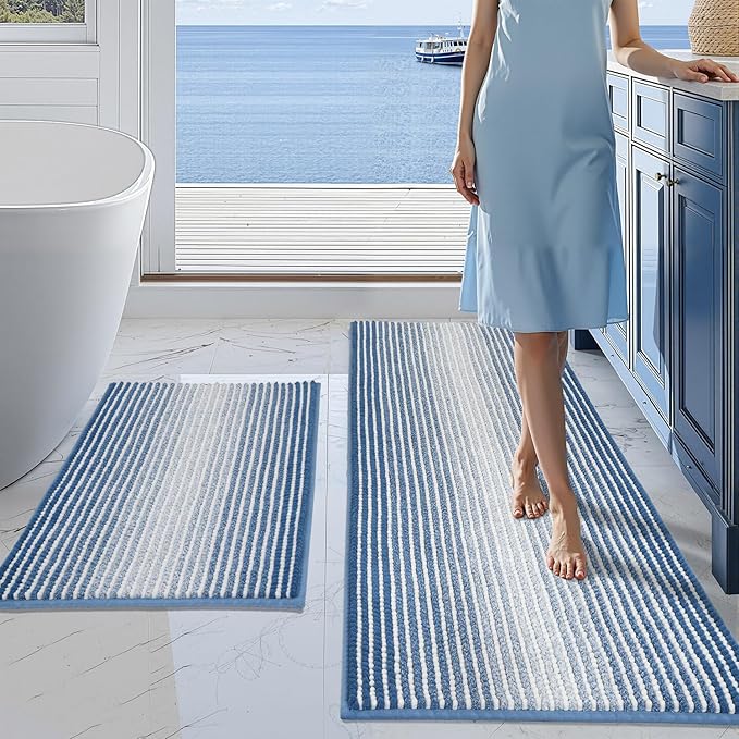 BSICPRO Bathroom Rugs and Mats Sets, 2 Piece Thick Absorbent Chenille Bath Mat Rug Set Non Slip, Soft Shaggy Bath Room Floor Mats for Bathroom, Machine Washable (Sky Blue, 20" x 47" Plus 16" x 24")