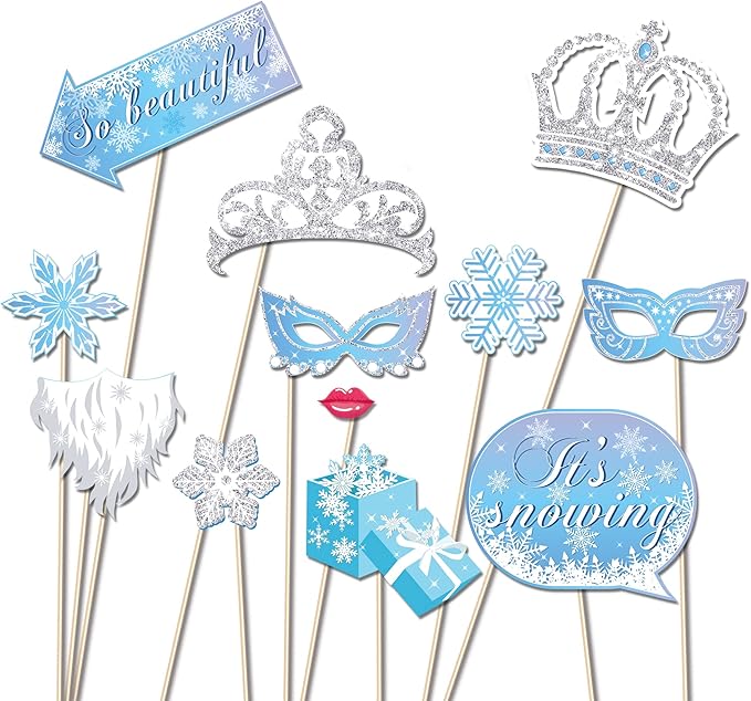 Snowflake Photo Booth Props with Sticks, Blue Snow Photo Booth Props, Christmas Selfie Props, Winter Themed Party Decorations (25CT)