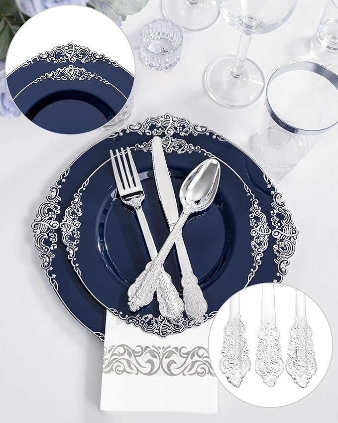 Hioasis 350pcs Blue and Silver Plastic Plates - Elegant Disposable Dinnerware Set Suitable for 50 Guests Include 10.25" Dinner & 7.5" Dessert Plates, Cutlery, Napkins, Cups for Party