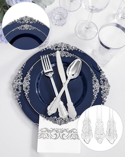 Hioasis 350pcs Blue and Silver Plastic Plates - Elegant Disposable Dinnerware Set Suitable for 50 Guests Include 10.25" Dinner & 7.5" Dessert Plates, Cutlery, Napkins, Cups for Party
