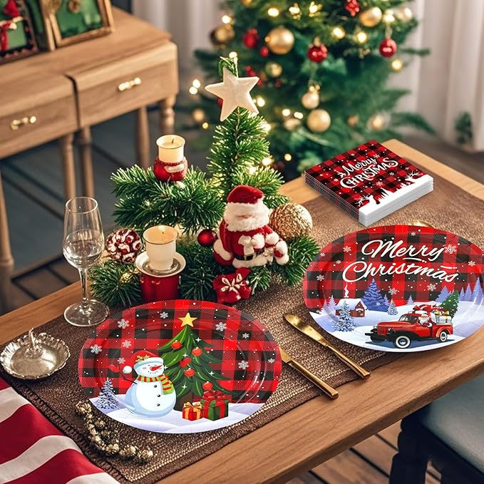 100Pcs Christmas Oval Paper Plates and Napkins -10" x 12" Large Disposable Party Plates, Christmas Party Supplies Dinnerware Set