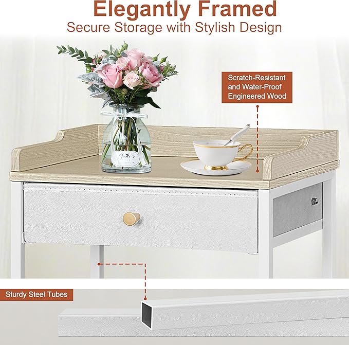 4-Tier Small Side Table with Storage Drawer, Tall Nightstand with Wheels & Basket, Rolling Bathroom Table for Small Spaces, Bedroom, Living Room, Dorm, White and Natural