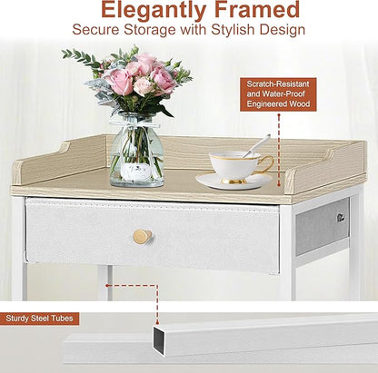 4-Tier Small Side Table with Storage Drawer, Tall Nightstand with Wheels & Basket, Rolling Bathroom Table for Small Spaces, Bedroom, Living Room, Dorm, White and Natural