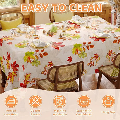 Fall Rectangle Tablecloth 60 x 84 Inch, Thanksgiving Autumn Harvest Maple Leaves Table Cloth, Spill Proof Wipeable Washable Rectangular Table Covers for Party Picnic Dinner Decor