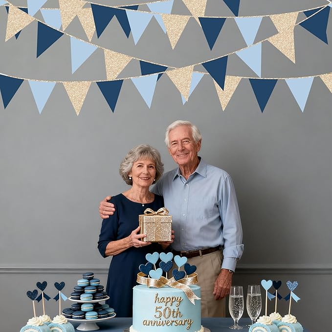 Champagne Gold Navy Blue Dusty Blue Pennant Banner Flag Hanging Paper Triangle Bunting for Birthday Baby Shower Graduation Wedding Bachelor Retirement Nautical Ahoy Achor Party Decorations Supplies