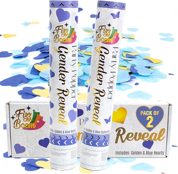 2 Pack Blue Heart-Shaped Confetti Poppers for Baby Gender Reveal | Blue Paper and Gold Mylar Baby Boy Party Supplies