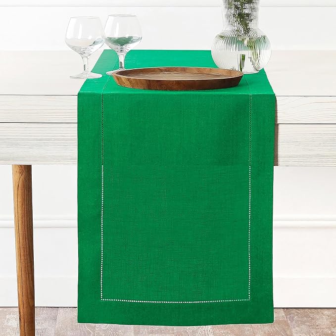D'Moksha Homes Linen Kelly Green Table Runner 84 Inches Long - 100% Pure Linen Table Runner 14 x 84 Inch for Winter, Christmas, Holiday - Classic Hemstitch
