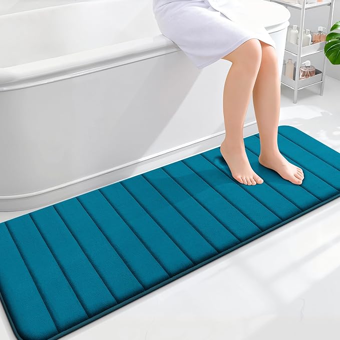 OLANLY Memory Foam Long Bathroom Rugs Runner 59x20, Super Soft Absorbent Bath Mat, Quick Dry, Machine Washable Shower Floor Rugs, Bathmat Carpet, Bathroom Home Decor Accessories, Peacock Blue