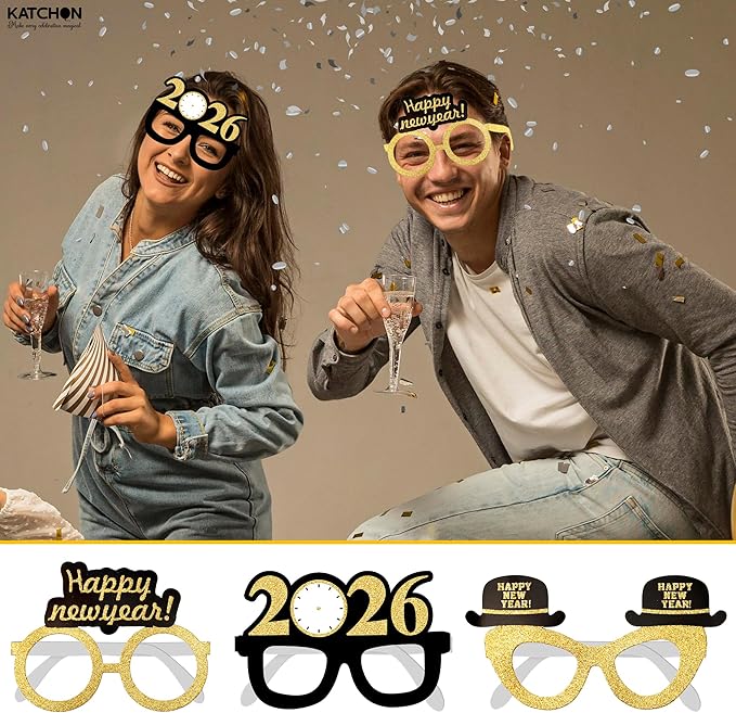 KatchOn, 2026 Glasses New Year Eve - Pack of 12 | Happy New Year Eyeglasses 2026 for New Years Eve Party Supplies 2026 | NYE Party Glasses | Happy New Years Decorations 2026 | NYE Sunglasses 2026