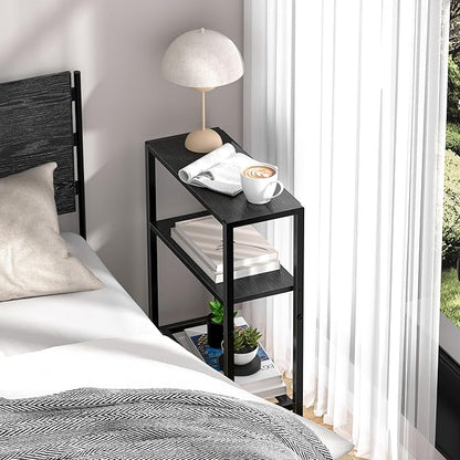 Narrow Side Table Set of 2 for Small Space, 2-Tier Small End Table with Shelf Holder, Slim Nightstand, Skinny Snack Couch Table in Living Room, Bedroom, Study, Kitchen and Balcony (Black)