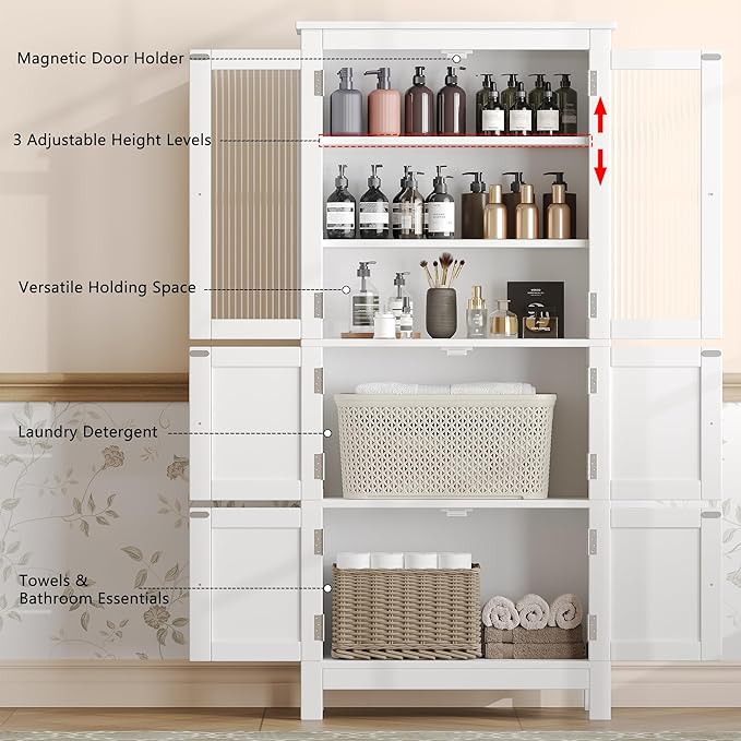 53.1" H Tall Bathroom Storage Cabinet, Bathroom Floor Cabinet with 6 Doors and Adjustable Shlef, Linen Cabinet, Pantry Cabinet for Living Room, Kitchen, Entryway, White