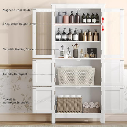 53.1" H Tall Bathroom Storage Cabinet, Bathroom Floor Cabinet with 6 Doors and Adjustable Shlef, Linen Cabinet, Pantry Cabinet for Living Room, Kitchen, Entryway, White