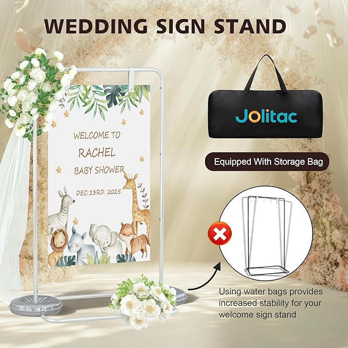 Jolitac Wedding Welcome Sign Holder, Adjustable Wedding Sign Stand Leather Hanging Straps & Design Bundle Heavy Duty Metal Easel Stand for Seating Charts, Bridal Showers, Birthday Party Displays