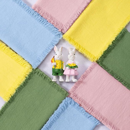 12 Pack Mixed Easter Color Cotton Linen Napkins with Fringe Easter Spring Cloth Napkins Set of 6 12 Boho Handmade Dinner Napkins Bulk for Wedding Bridal Baby Boy Shower Parties, 17 x 17