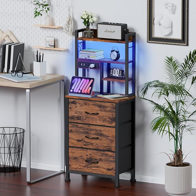 Furnulem Tall Night Stand with LED & USB Ports, 45.3inch Nightstand with Open Bookshelf, Bedside Table with 3 Fabric Drawers for Bedroom/Dorm/Office, Rustic Brown Wood-Metal Frame