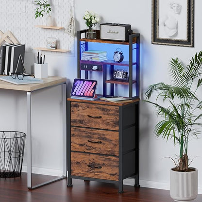 Furnulem Tall Night Stand with LED & USB Ports, 45.3inch Nightstand with Open Bookshelf, Bedside Table with 3 Fabric Drawers for Bedroom/Dorm/Office, Rustic Brown Wood-Metal Frame