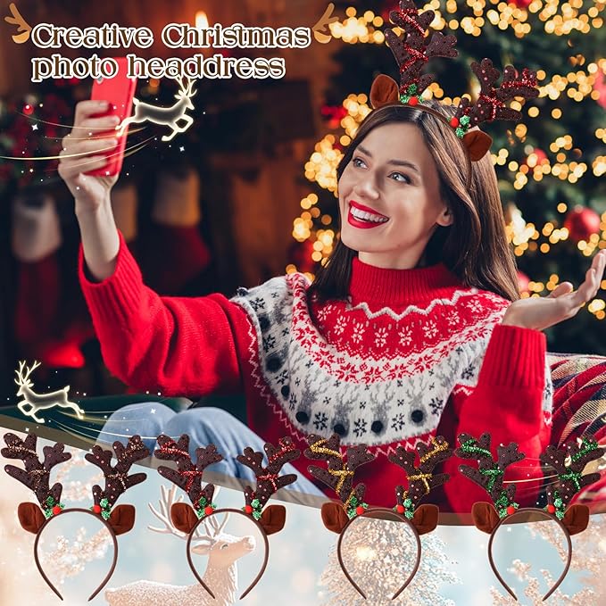 Zubebe 36 Pcs Christmas Reindeer Antlers Headband Deer Antlers Ears Hairbands with Glitter Sequins Christmas Photo Booth Props for Party Favors Cosplay Costume Supplies