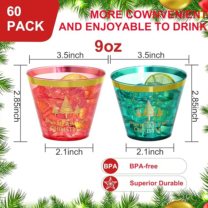 I00000 60PCS Merry Christmas Party Cups - Christmas Disposable Cups 9 Oz Green Party Cups Wine Glasses Gold Rim Clear Plastic Cocktail Cups Tumblers Drinking Cups for Xmas Parties