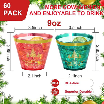 I00000 60PCS Merry Christmas Party Cups - Christmas Disposable Cups 9 Oz Green Party Cups Wine Glasses Gold Rim Clear Plastic Cocktail Cups Tumblers Drinking Cups for Xmas Parties