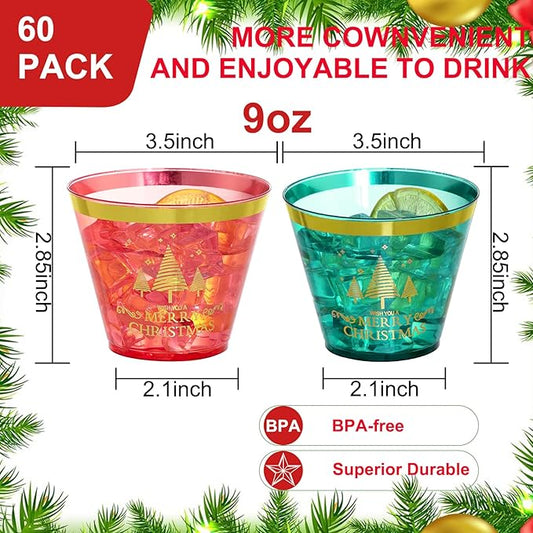 I00000 60PCS Merry Christmas Party Cups - Christmas Disposable Cups 9 Oz Green Party Cups Wine Glasses Gold Rim Clear Plastic Cocktail Cups Tumblers Drinking Cups for Xmas Parties