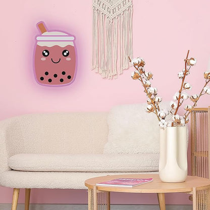 Bubble Tea NEON Wall Sign, Cute Drink LED Light, Wall Decor, Perfect for Holiday and Birthday Gift, Party Decor, Pink Bubble Tea with face for Kids Room, Bar, Restaurant
