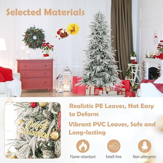 GOFLAME 7FT Pre-lit Artificial Christmas Tree, Snow Flocked Hinged Xmas Tree with 340 Warm White LED Lights, 820 Branch Tips and Folding Metal Stand, Holiday Decoration Tree for Home Party