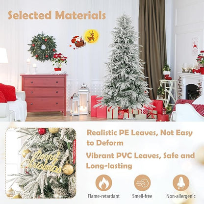 GOFLAME 7FT Pre-lit Artificial Christmas Tree, Snow Flocked Hinged Xmas Tree with 340 Warm White LED Lights, 820 Branch Tips and Folding Metal Stand, Holiday Decoration Tree for Home Party