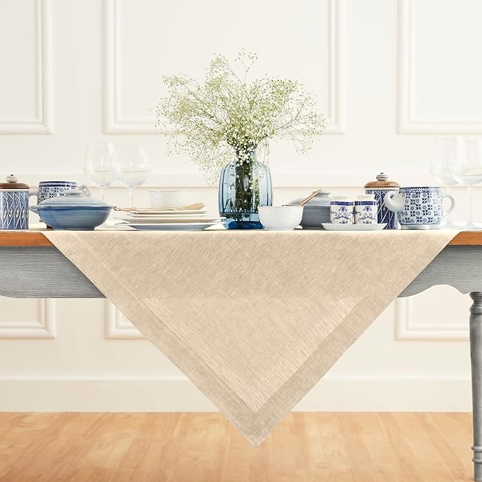 Solino Home Linen Cloth Tablecloth 52 x 52 Inch - 100% Pure Linen Champagne Beige Square Tablecloth - Athena, Machine Washable Table Throw for Fall, Autumn, Holiday