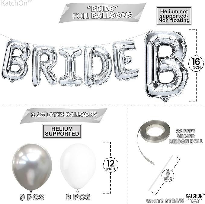 KatchOn, 23pcs Silver Bride Balloons Set - 16 Inch, Silver & White, for Bachelorette Party Decorations