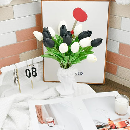 ONLY ART Artificial Black and White Tulips 20 Pcs – 13.5 Inch PU Faux Flowers with Bendable Stems for Home Décor, Wedding Centerpieces, DIY Floral Arrangements, Table Decorations