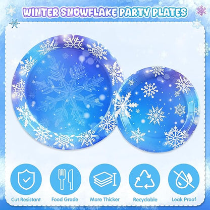 Winter Birthday Party Decorations Serve 24, Snowflake Winter Wonderland Decorations Disposable Tableware Includes Paper Plates Napkins Tablecloth for Christmas Winter Holiday New Year Birthday Party