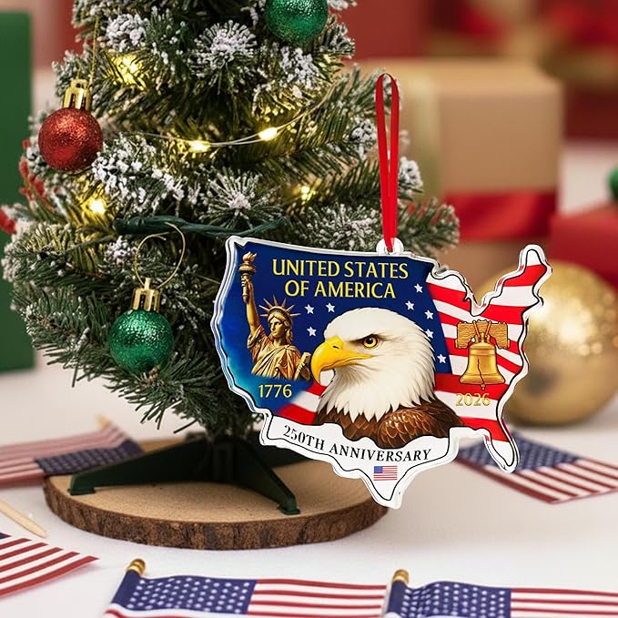 United States 250th Anniversary Ornament, 2D Acrylic 250th Anniversary USA Christmas Tree Ornament, 250 Patriotic American Flag Christmas Ornaments, Gift for US Citizens, Patriotic Collectors Decor