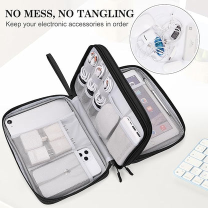 FYY Electronic Organizer, Extra Large Travel Cable Organizer Bag Pouch Portable Waterproof Double Layers All-in-One Storage Bag for iPad, Cable, Power Bank, Laptop Charger for Office/Home, Black