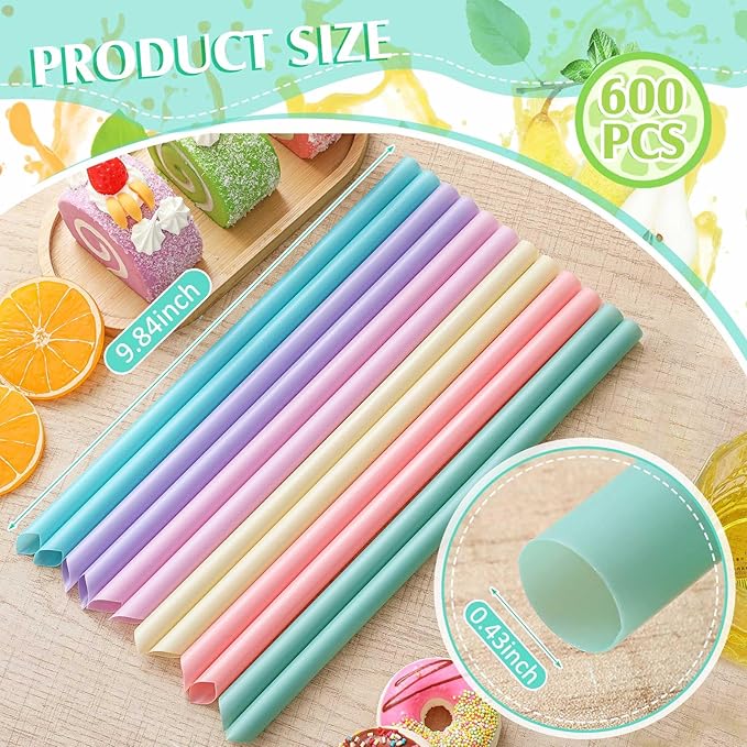 Tessco for you Jumbo Smoothie Straws Bulk Large Plastic Disposable Bubble Tea Straws Wide-Mouthed Individually Wrapped for Tall Homemade Milkshakes Drinking(9.84 Inch,Macaron Color,600 Pcs)