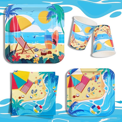Beach Theme Party Supplies, Summer Pool Pack Includes: Paper Dinner Plates, Dessert Plates, Luncheon Napkins, Cups and Tablecloth for Hawaiian Party Birthday Decorations, Serve 25