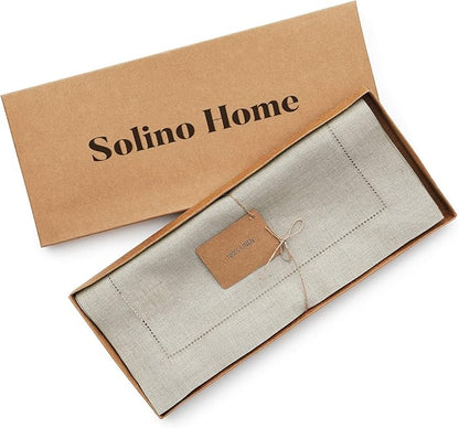 Solino Home Linen Natural Table Runner 120 Inches Long - 100% Pure Linen Hemstitch 14 x 120 Inch Table Runner for Dining, Fall, Autumn, Christmas, New Year - Classic Hemstitch