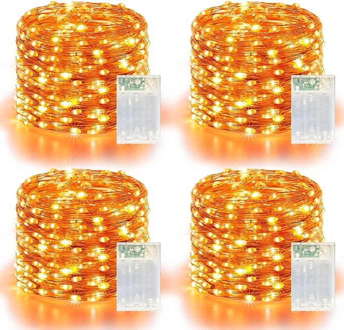 4 Pack 240LED Halloween Fairy Lights Battery Operated - 20FT Twinkle Lights with 2 Lighting Modes Indoor Outdoor, Waterproof Led Fairy String Lights for Christmas, Bedroom, Dorm, DIY Decor, Orange