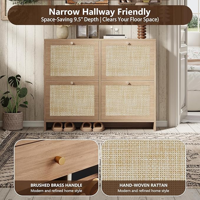 Nicetree Shoe Cabinet Storage for Entryway, 4-Flip Drawer Narrow Shoe Rack, Organic Modern Rattan Shoe Organizer with Gold Legs, Shoe Organizer Fits Men's Size 13.5, Sun-Drenched Amber Oak