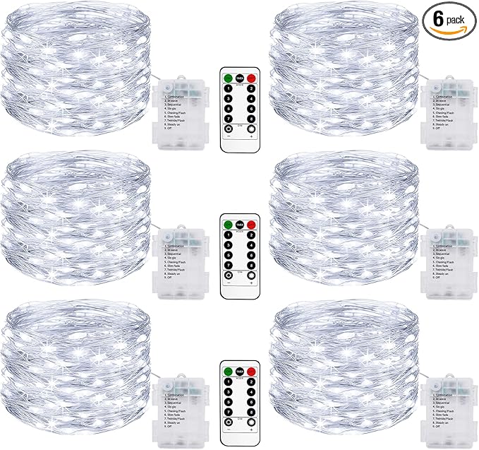 6 Pack 33FT 100LED Fairy String Lights Battery Operated with Remote and Timer,IP65 Waterproof Dimmable Copper Wire 8 Modes LED Twinkle Lighting Indoor Outdoor for Bedroom Christmas Decor-Cool White