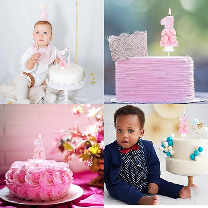Pink Number 1 Candle for First Birthday Cakes, Pink Sequins and Bowtie 1 Birthday Candle for Girls Pastel Sweet Theme Birthday Party or Adults Milestone Age Decoration