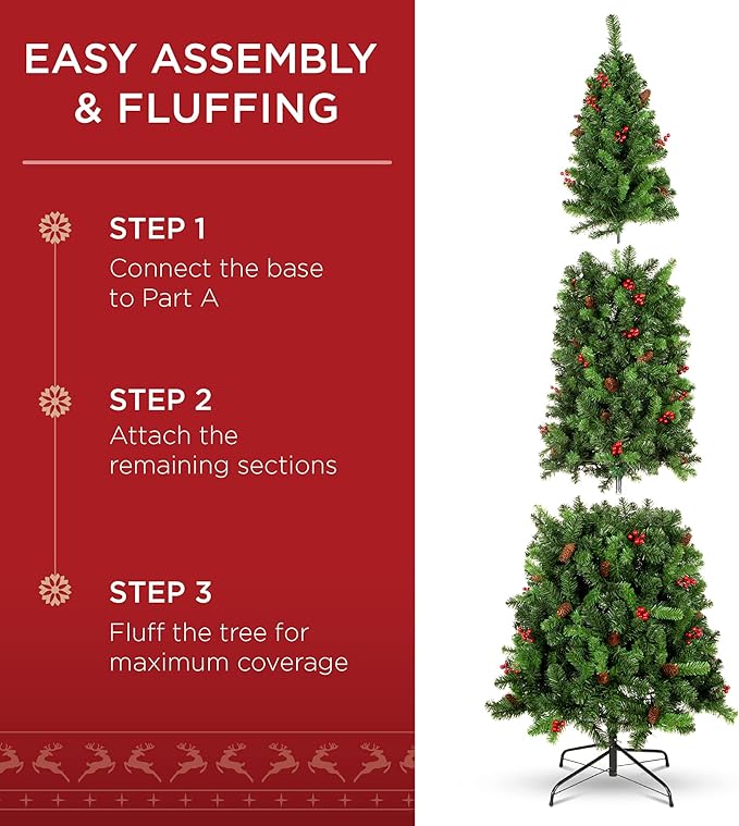 Best Choice Products 6ft Pre-Lit Spruce Pencil Christmas Tree Pre-Decorated for Home, Office, Party, Holiday Decoration w/ 618 Tips, 250 Lights, Pine Cones, Metal Hinges & Base - Green