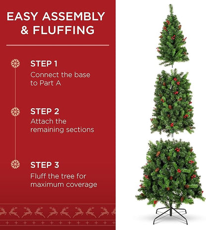 Best Choice Products 6ft Pre-Lit Spruce Pencil Christmas Tree Pre-Decorated for Home, Office, Party, Holiday Decoration w/ 618 Tips, 250 Lights, Pine Cones, Metal Hinges & Base - Green