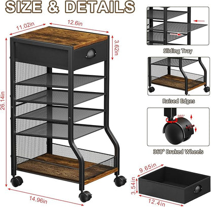 keomaisyto 6-Tier Rolling File Cart with Drawer, Under Desk Storage with Paper Letter Sliding Trays, Standing File Organizer with Wheels, Slim Workspace Organizers for Office/Home/School/Study
