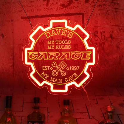 Custom Garage Neon sign for Wall Decor with Timing Remote, Personalized Gear Garage LED Neon Light for Man Cave, Home Bar, Workshop, Son Dad Birthday Gift ORANGE