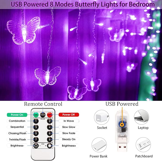 Purple Butterfly Curtain Fairy Lights USB Plug in,120 LED 8 Modes 20FT Firefly Twinkle Icicle String Lights with Remote Timer Waterproof for Halloween Bedroom Christmas Wedding Party Dorm
