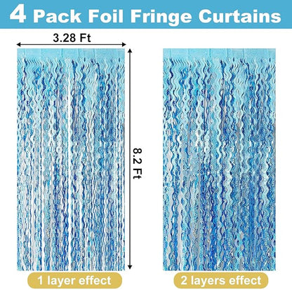 4 Pack Light Blue Fringe Curtain Backdrop 3.2Ft x 8.2Ft Metallic Tinsel Foil Fringe Streamers Background for Photo Booth, Easter, Mother's Day, Bachelorette, Wedding, Birthday Party Decoration